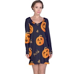 Funny Scary Black Orange Halloween Pumpkins Pattern Long Sleeve Nightdress by HalloweenParty