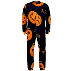 Funny Scary Black Orange Halloween Pumpkins Pattern Onepiece Jumpsuit (men)  by HalloweenParty