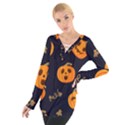 Funny Scary Black Orange Halloween Pumpkins Pattern Tie Up Tee View1