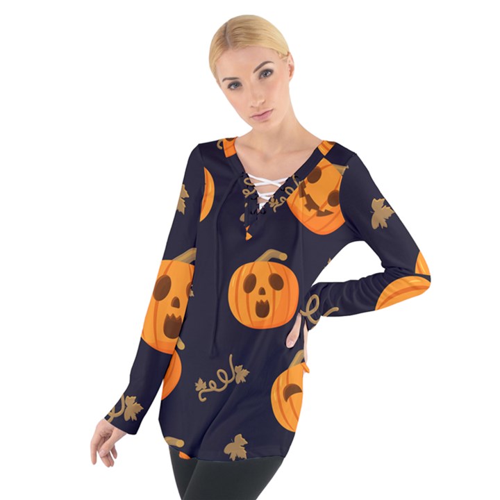 Funny Scary Black Orange Halloween Pumpkins Pattern Tie Up Tee