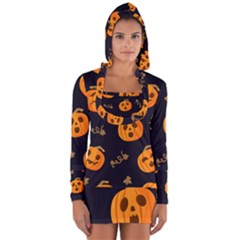 Funny Scary Black Orange Halloween Pumpkins Pattern Long Sleeve Hooded T-shirt by HalloweenParty