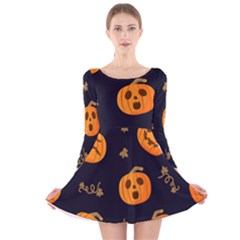 Funny Scary Black Orange Halloween Pumpkins Pattern Long Sleeve Velvet Skater Dress