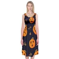 Funny Scary Black Orange Halloween Pumpkins Pattern Midi Sleeveless Dress by HalloweenParty