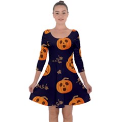 Funny Scary Black Orange Halloween Pumpkins Pattern Quarter Sleeve Skater Dress