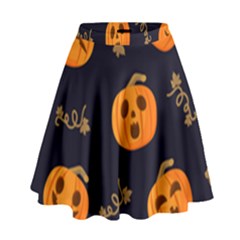 Funny Scary Black Orange Halloween Pumpkins Pattern High Waist Skirt by HalloweenParty