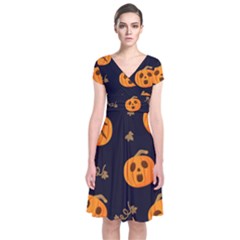 Funny Scary Black Orange Halloween Pumpkins Pattern Short Sleeve Front Wrap Dress