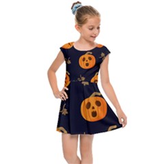 Funny Scary Black Orange Halloween Pumpkins Pattern Kids Cap Sleeve Dress by HalloweenParty