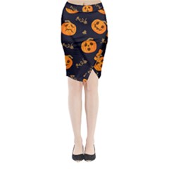 Funny Scary Black Orange Halloween Pumpkins Pattern Midi Wrap Pencil Skirt