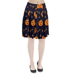 Funny Scary Black Orange Halloween Pumpkins Pattern Pleated Skirt by HalloweenParty