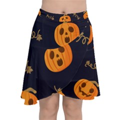 Funny Scary Black Orange Halloween Pumpkins Pattern Chiffon Wrap Front Skirt by HalloweenParty