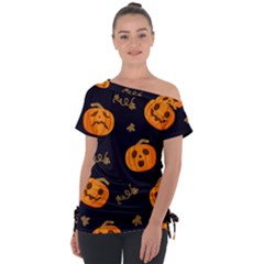 Funny Scary Black Orange Halloween Pumpkins Pattern Tie-up Tee