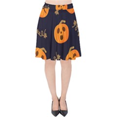 Funny Scary Black Orange Halloween Pumpkins Pattern Velvet High Waist Skirt by HalloweenParty