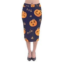 Funny Scary Black Orange Halloween Pumpkins Pattern Velvet Midi Pencil Skirt by HalloweenParty