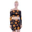 Funny Scary Black Orange Halloween Pumpkins Pattern Off Shoulder Top with Mini Skirt Set View1