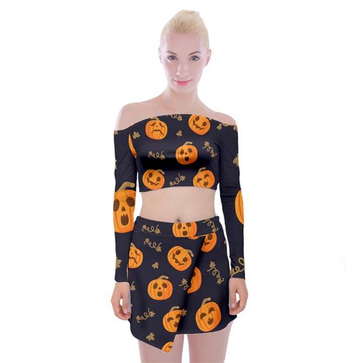 Funny Scary Black Orange Halloween Pumpkins Pattern Off Shoulder Top with Mini Skirt Set