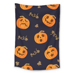 Funny Scary Black Orange Halloween Pumpkins Pattern Large Tapestry by HalloweenParty