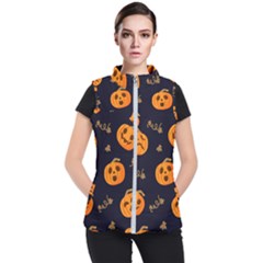 Funny Scary Black Orange Halloween Pumpkins Pattern Women s Puffer Vest