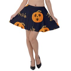 Funny Scary Black Orange Halloween Pumpkins Pattern Velvet Skater Skirt