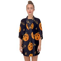 Funny Scary Black Orange Halloween Pumpkins Pattern Half Sleeve Chiffon Kimono by HalloweenParty