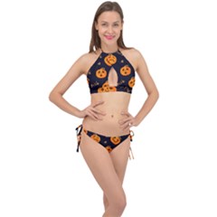 Funny Scary Black Orange Halloween Pumpkins Pattern Cross Front Halter Bikini Set