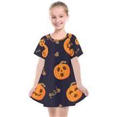 Funny Scary Black Orange Halloween Pumpkins Pattern Kids  Smock Dress