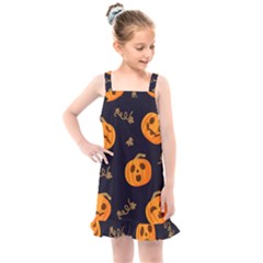 Funny Scary Black Orange Halloween Pumpkins Pattern Kids  Overall Dress by HalloweenParty