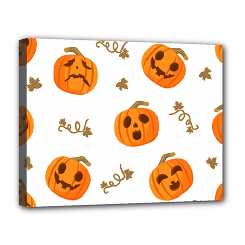 Funny Spooky Halloween Pumpkins Pattern White Orange Canvas 14  X 11  (stretched) by HalloweenParty