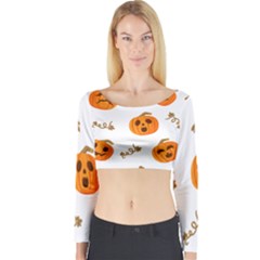 Funny Spooky Halloween Pumpkins Pattern White Orange Long Sleeve Crop Top by HalloweenParty