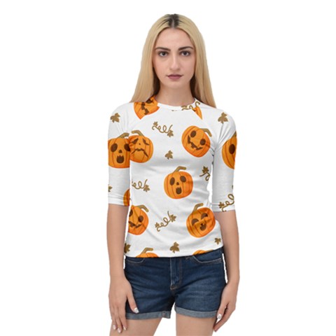 Funny Spooky Halloween Pumpkins Pattern White Orange Quarter Sleeve Raglan Tee by HalloweenParty