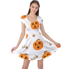 Funny Spooky Halloween Pumpkins Pattern White Orange Cap Sleeve Dress by HalloweenParty