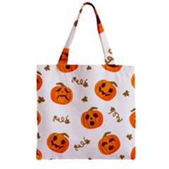 Funny Spooky Halloween Pumpkins Pattern White Orange Zipper Grocery Tote Bag by HalloweenParty