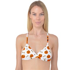 Funny Spooky Halloween Pumpkins Pattern White Orange Reversible Tri Bikini Top by HalloweenParty