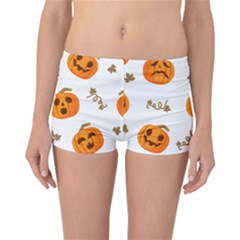 Funny Spooky Halloween Pumpkins Pattern White Orange Reversible Boyleg Bikini Bottoms by HalloweenParty