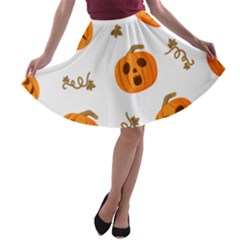 Funny Spooky Halloween Pumpkins Pattern White Orange A-line Skater Skirt by HalloweenParty