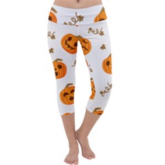 Funny Spooky Halloween Pumpkins Pattern White Orange Capri Yoga Leggings by HalloweenParty