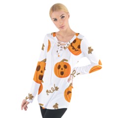 Funny Spooky Halloween Pumpkins Pattern White Orange Tie Up Tee by HalloweenParty