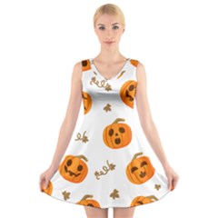 Funny Spooky Halloween Pumpkins Pattern White Orange V-neck Sleeveless Dress