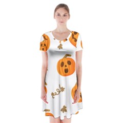 Funny Spooky Halloween Pumpkins Pattern White Orange Short Sleeve V-neck Flare Dress by HalloweenParty