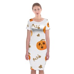 Funny Spooky Halloween Pumpkins Pattern White Orange Classic Short Sleeve Midi Dress by HalloweenParty