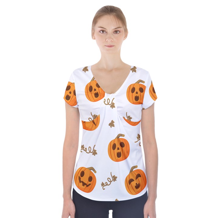 Funny Spooky Halloween Pumpkins Pattern White Orange Short Sleeve Front Detail Top