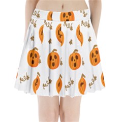 Funny Spooky Halloween Pumpkins Pattern White Orange Pleated Mini Skirt by HalloweenParty