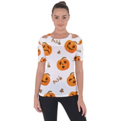 Funny Spooky Halloween Pumpkins Pattern White Orange Shoulder Cut Out Short Sleeve Top by HalloweenParty