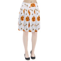 Funny Spooky Halloween Pumpkins Pattern White Orange Pleated Skirt by HalloweenParty