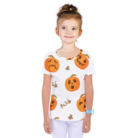 Funny Spooky Halloween Pumpkins Pattern White Orange Kids  One Piece Tee by HalloweenParty