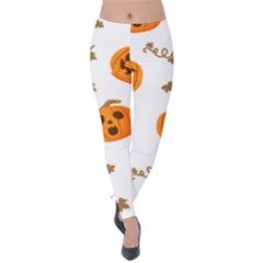 Funny Spooky Halloween Pumpkins Pattern White Orange Velvet Leggings