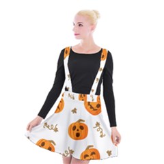 Funny Spooky Halloween Pumpkins Pattern White Orange Suspender Skater Skirt