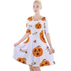 Funny Spooky Halloween Pumpkins Pattern White Orange Quarter Sleeve A-line Dress