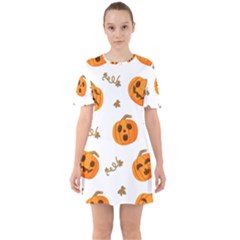 Funny Spooky Halloween Pumpkins Pattern White Orange Sixties Short Sleeve Mini Dress by HalloweenParty