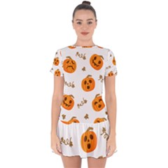 Funny Spooky Halloween Pumpkins Pattern White Orange Drop Hem Mini Chiffon Dress