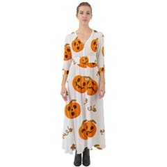 Funny Spooky Halloween Pumpkins Pattern White Orange Button Up Boho Maxi Dress by HalloweenParty